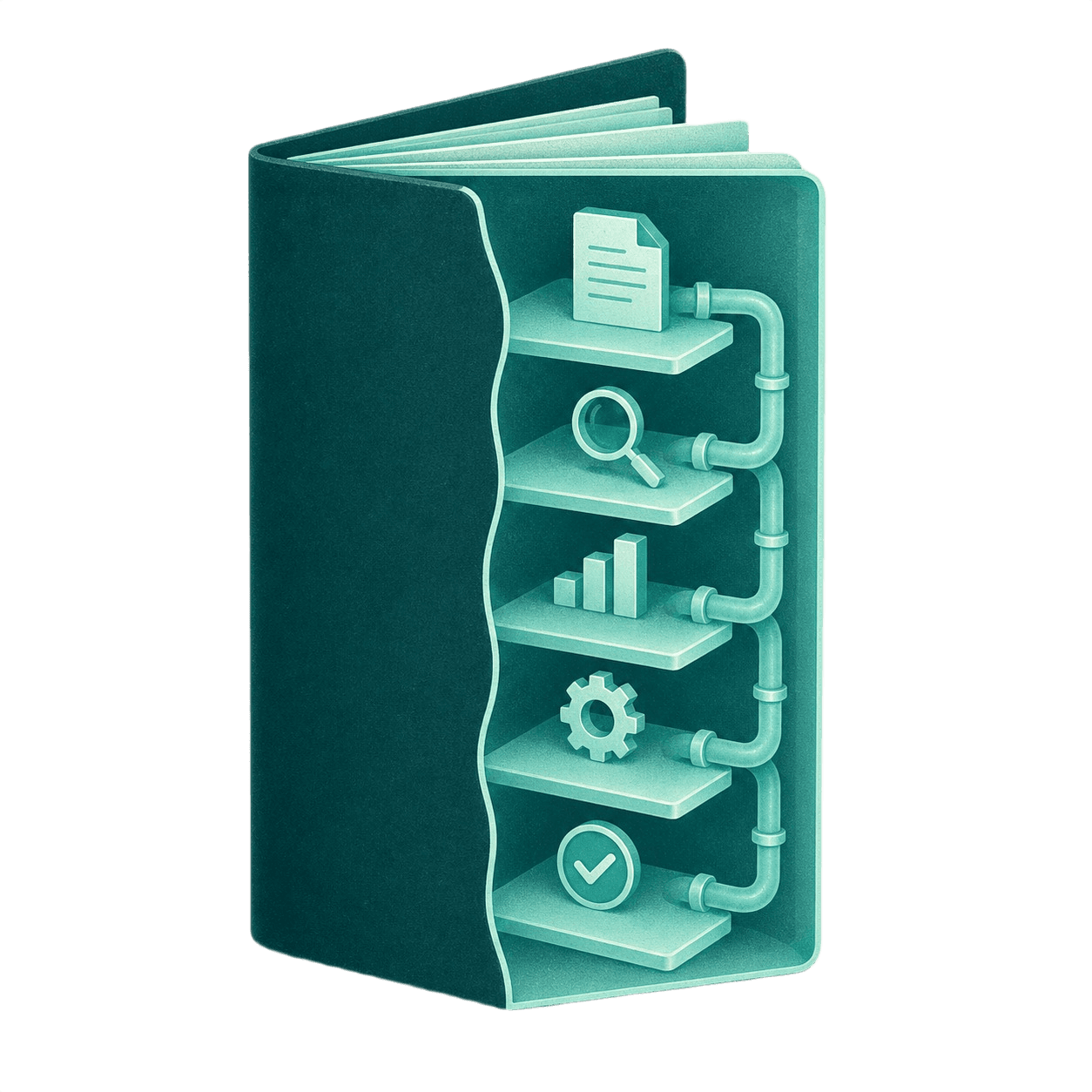 A folded report standing upright with a mint X ray view of the pipeline stages inside, representing pipeline diagnostic clarity