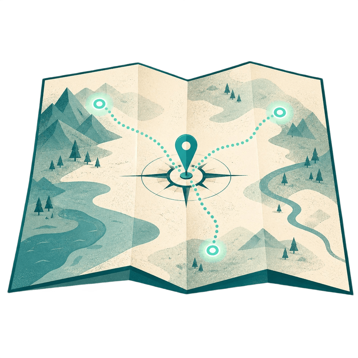 A folded compass map with a central pin and dotted mint routes branching to three waypoints, representing the missing AI map