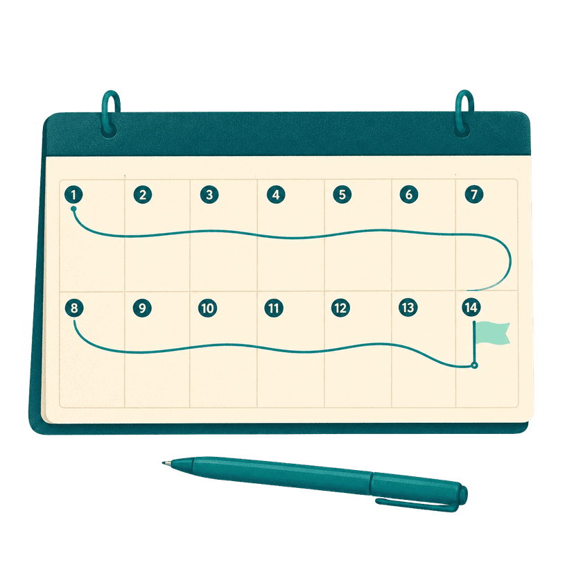A two week wall calendar with a teal pen drawing a continuous line from Day 1 to Day 14, ending at a mint flag