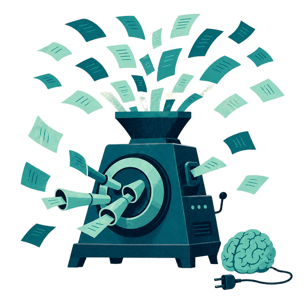 A paper grinder next to a small brain. Decks vs. work that thinks.