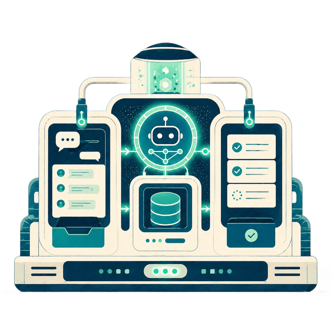 A central AI agent on a control console, with chat panels, a database, and a checklist of automated actions surrounding it
