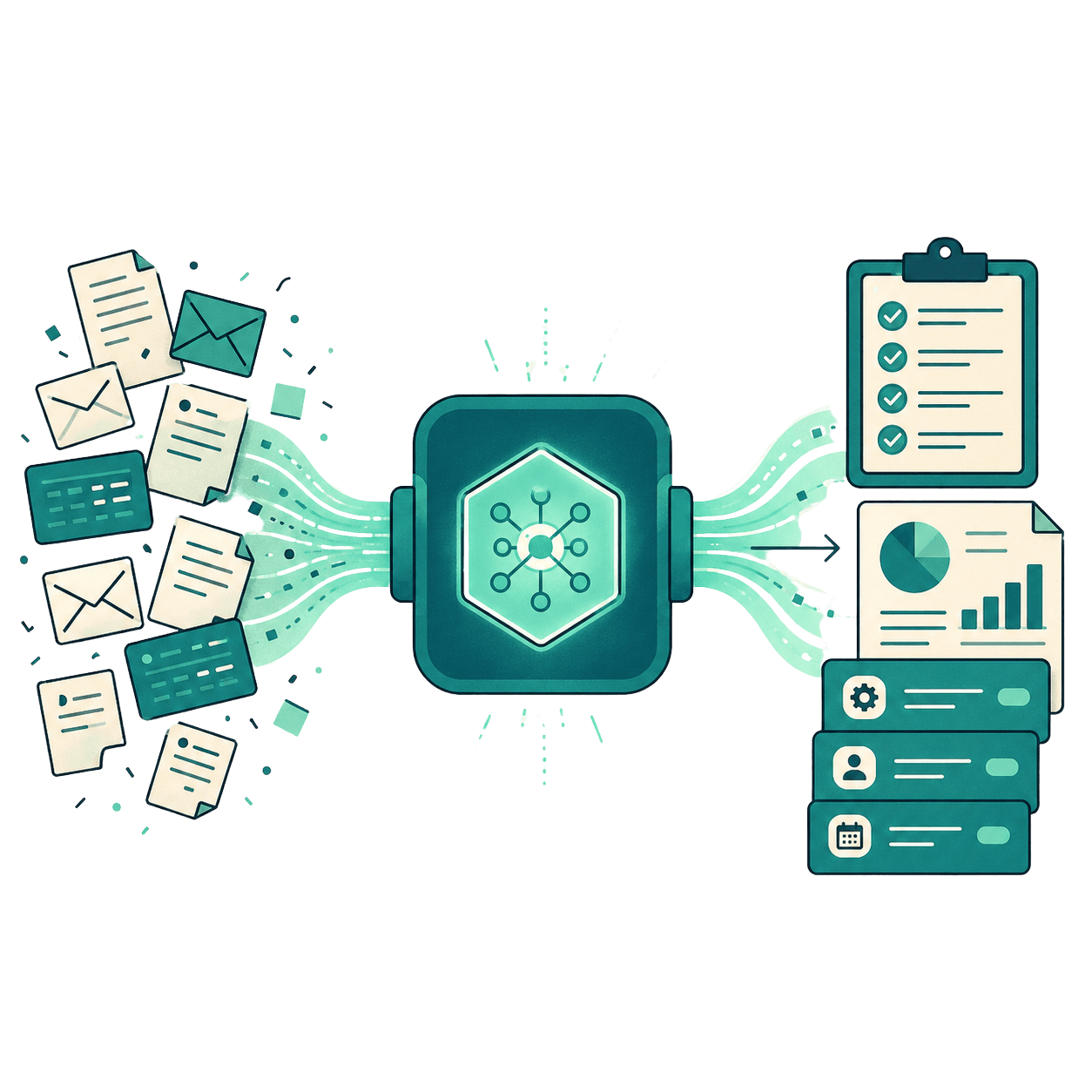 Documents and messages flowing left into a central AI agent hub, with charts and structured records flowing out the right, representing the audit of inputs and outputs across teams