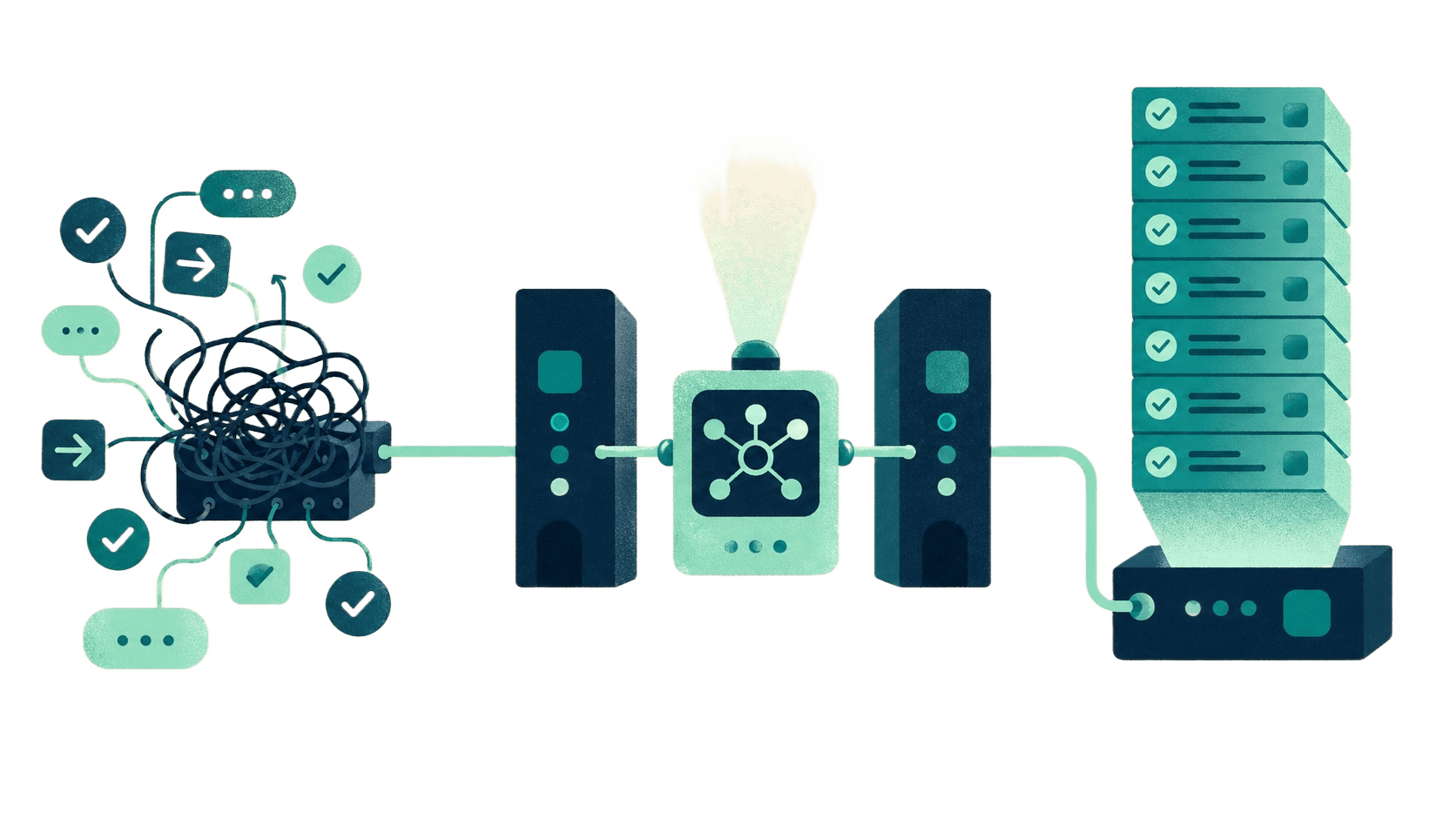 Tangled wires and ad-hoc requests on the left, processed through an AI agent into a clean stack of approved, checkmarked records on the right, signaling AI agents wired into the existing stack