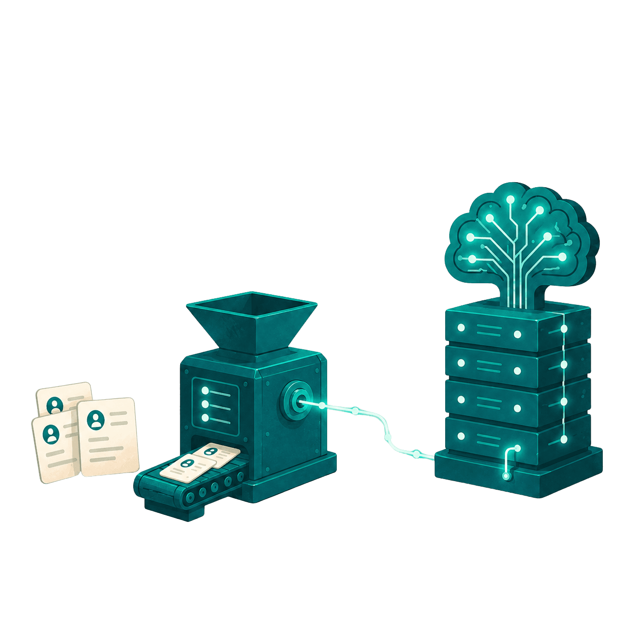 Records being fed into a grinder that powers a tree-shaped AI brain, representing the agent system optimizing and compounding as it processes more work