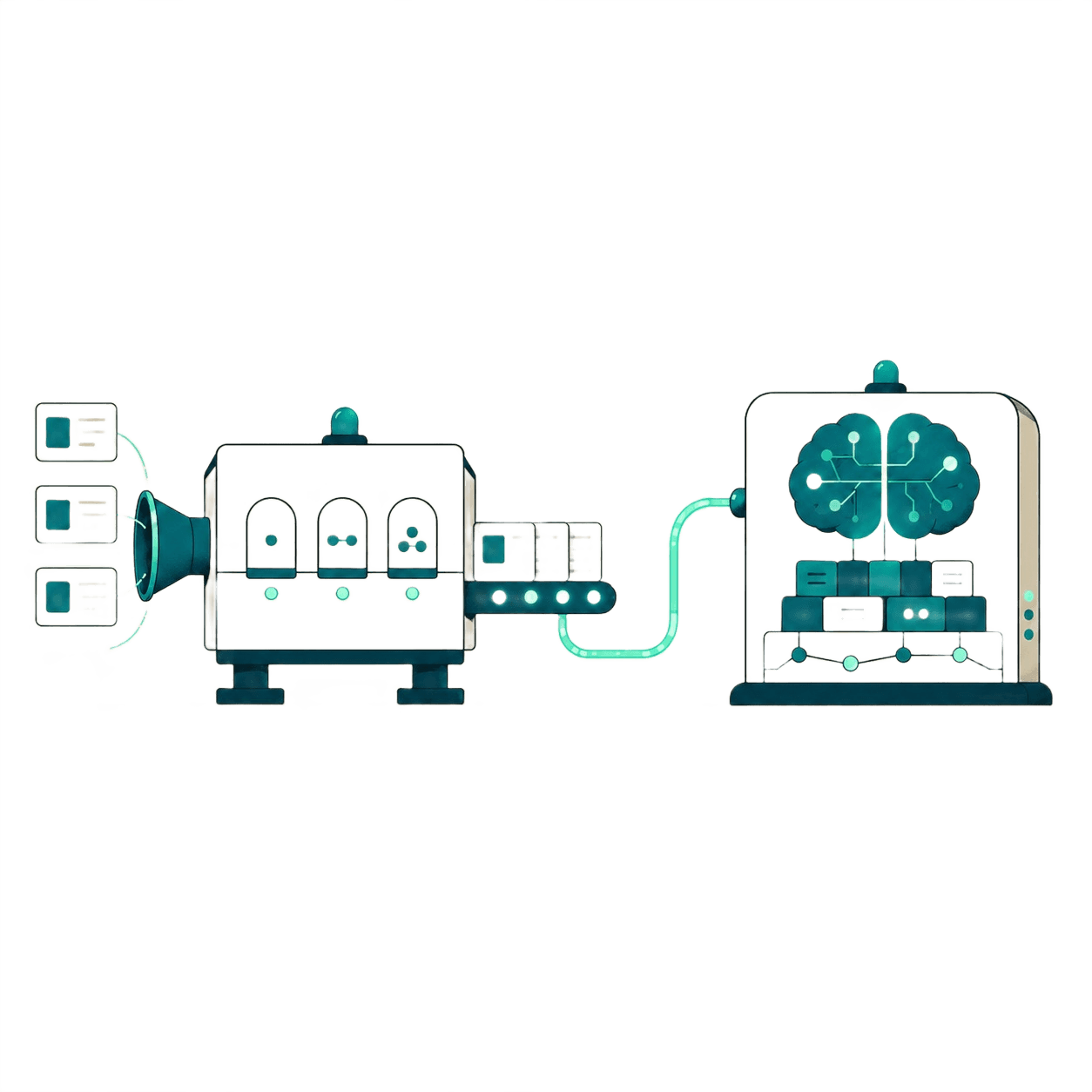A factory pipeline feeding into a connected AI brain machine, representing process architecture being designed and connected