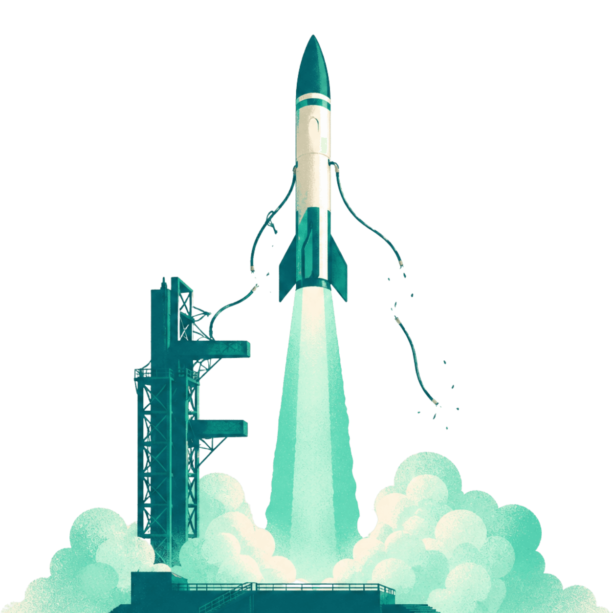 A rocket lifting off a launch pad with tether cables falling away and a mint contrail rising vertically, representing AI agents going live in production