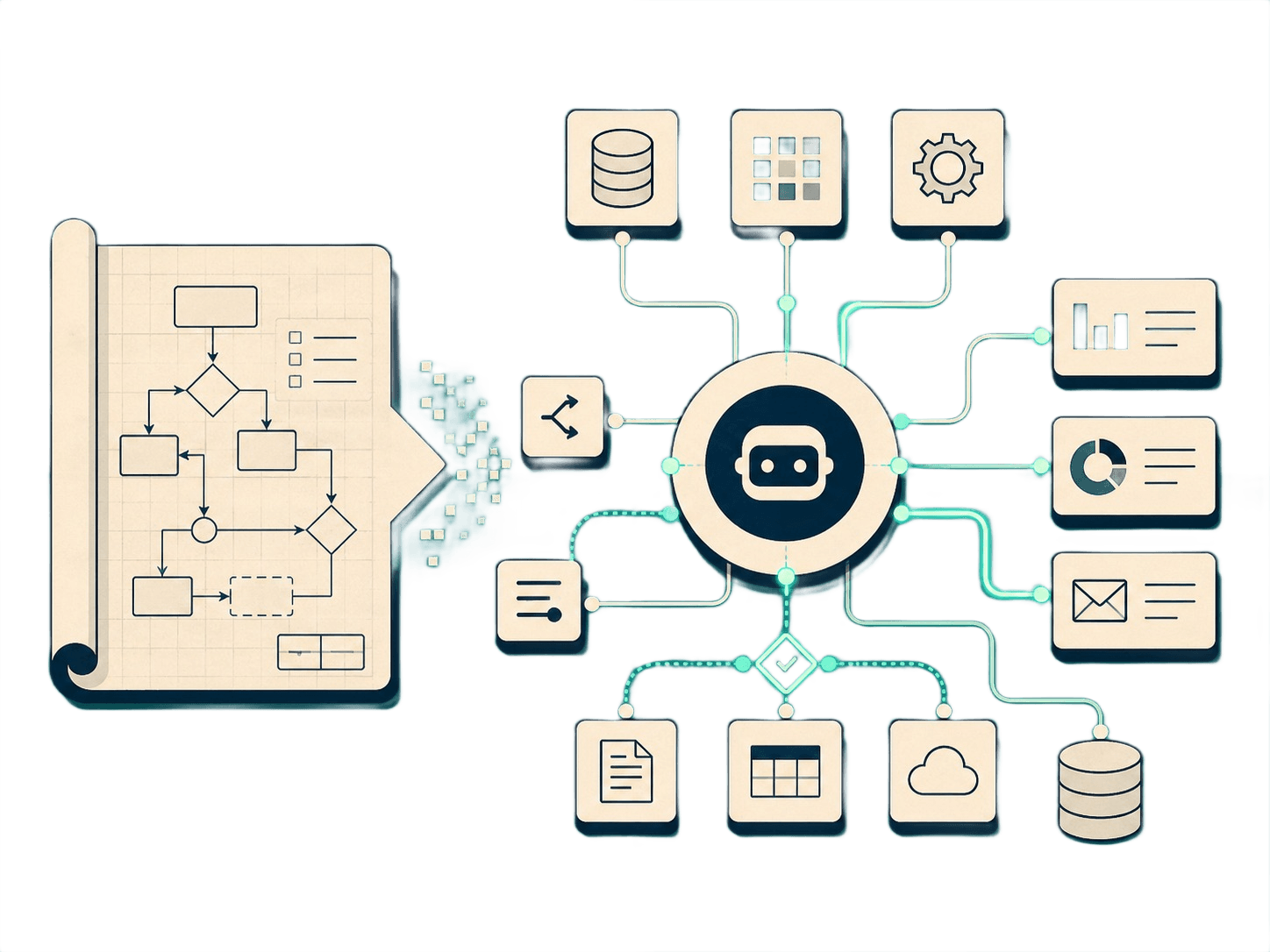A workflow blueprint on the left connected to a central AI agent hub, with eight surrounding system icons including database, charts, mail, and gears, representing AI agents removing operational bottlenecks across the existing stack