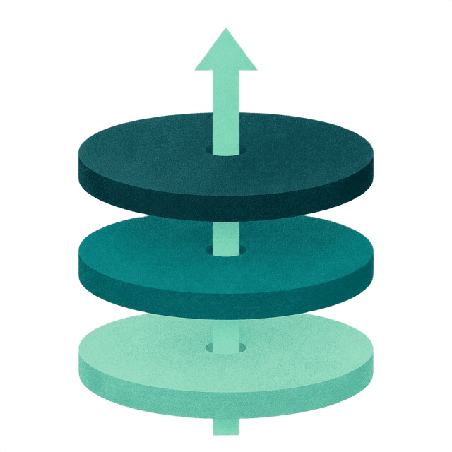 Three layered teal discs stacked vertically with a mint arrow shooting upward through the center, representing atoms compounding into molecules into compound playbooks