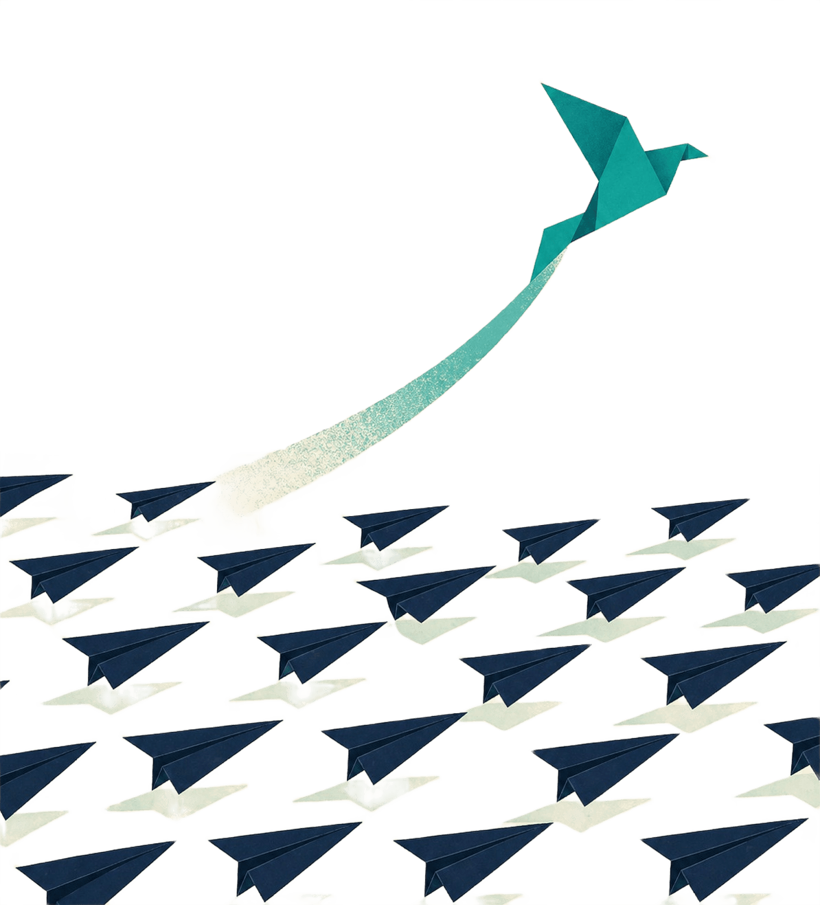 A teal origami bird rising above a sea of paper planes, representing standout positioning