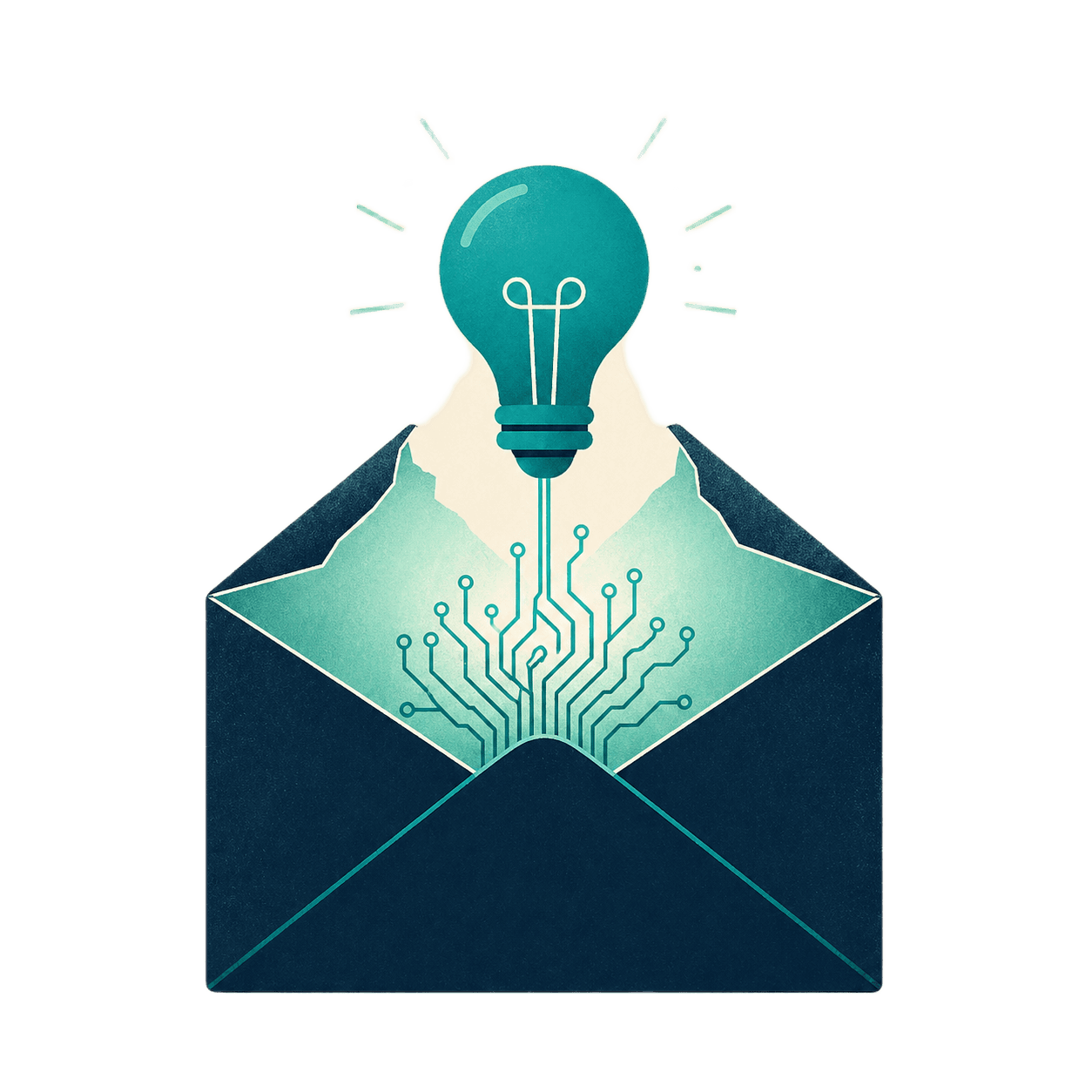 A lightbulb with circuit traces emerging from an open envelope, representing rewritten outbound copy