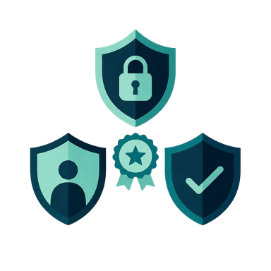 Three layered shields representing three guarantees: security, identity, and approval